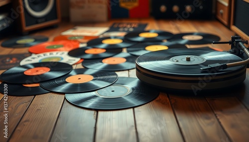 Vintage Vinyl Records on Wooden Table, Retro Music Background