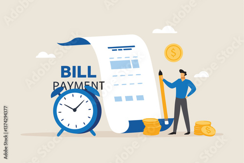 Bill payment, expense or financial service to pay for transaction, credit card payment or shopping cost concept, businessman with pencil and bill payment document and alarm clock.