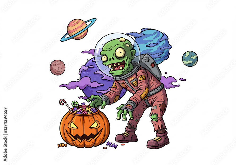 Obraz premium Pixel Art Zombie Astronaut with Pumpkin and Candy in Space