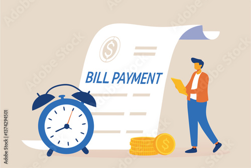 Bill payment, expense or financial service to pay for transaction, credit card payment or shopping cost concept, businessman with pencil and bill payment document and alarm clock.