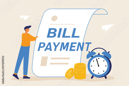 Bill payment, expense or financial service to pay for transaction, credit card payment or shopping cost concept, businessman with pencil and bill payment document and alarm clock.