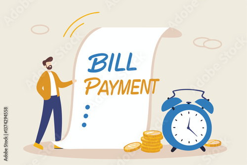 Bill payment, expense or financial service to pay for transaction, credit card payment or shopping cost concept, businessman with pencil and bill payment document and alarm clock.