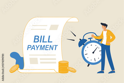 Bill payment, expense or financial service to pay for transaction, credit card payment or shopping cost concept, businessman with pencil and bill payment document and alarm clock.