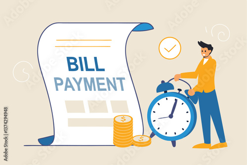 Bill payment, expense or financial service to pay for transaction, credit card payment or shopping cost concept, businessman with pencil and bill payment document and alarm clock.