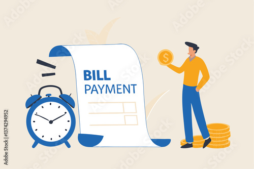 Bill payment, expense or financial service to pay for transaction, credit card payment or shopping cost concept, businessman with pencil and bill payment document and alarm clock.