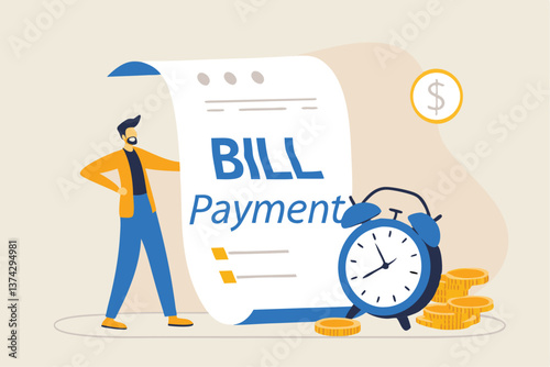 Bill payment, expense or financial service to pay for transaction, credit card payment or shopping cost concept, businessman with pencil and bill payment document and alarm clock.