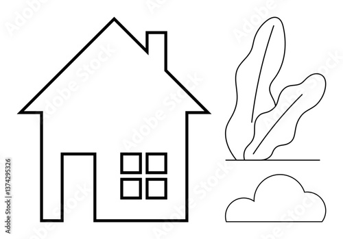 House with roof and chimney, window detail, stylized plant, and cloud in a clean minimal style. Ideal for architecture, home concepts, eco-living, nature, simplicity real estate flat simple