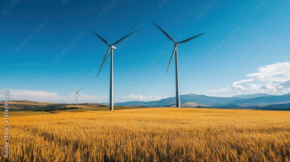 Wind turbines, blue sky. Generative AI Wind turbines, blue sky. Generative AI