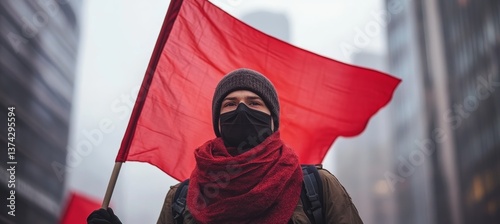 Masked man activist at protest movement with red flag. Generative AI technology.	
