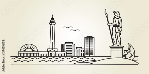 Virginia Beach skyline, incorporating the Neptune Statue and oceanfront skyline in a sleek.