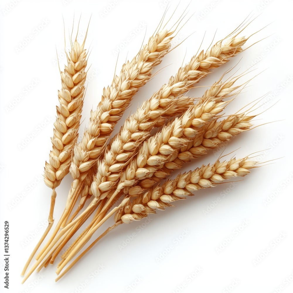 Golden wheat stalks on white background showcasing natural beauty and organic harvest for agriculture and baking industry Golden wheat stalks on white background showcasing natural beauty and organic harvest for agriculture and baking industry