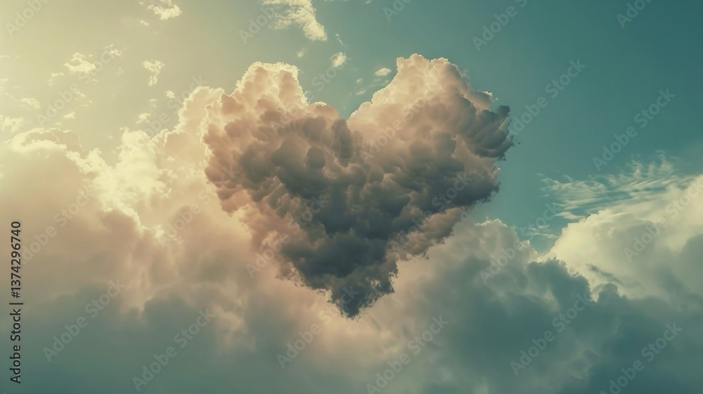 Naklejka premium Nel cielo le nuvole si uniscono a formare un cuore, evocando un'atmosfera romantica.