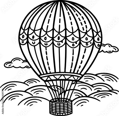 intricate hot air balloon illustration, black and white vintage with clouds and waves