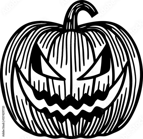 spooky halloween jack o' lantern with evil grin black and white pumpkin, scary holiday icon