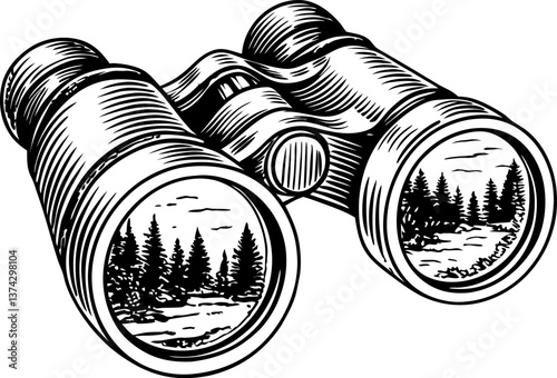 Binoculars with scenic forest reflections nature exploration vision