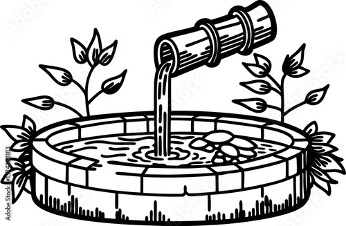 traditional japanese bamboo water fountain illustration with flowers and barrel
