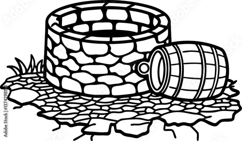 stone well with wooden barrel, rustic countryside scene brick design, traditional rural setting, vintage look