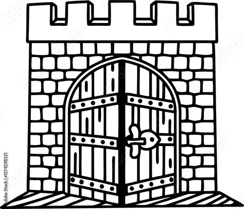 Medieval castle gate illustration wooden doors, stone wall, fortress entry with lock