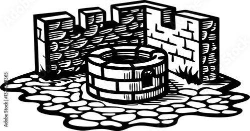 Vintage stone well illustration with rustic bricks and cobblestone details