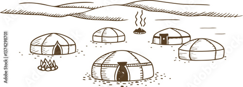 Traditional yurts in a desert landscape nomadic living, culture, ethnic heritage, remote village life
