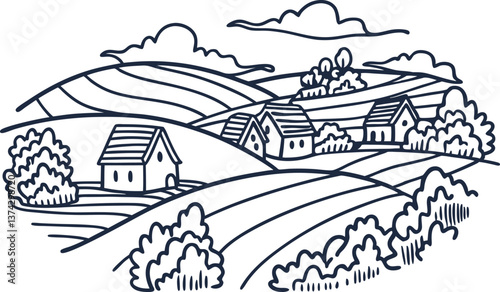Scenic countryside landscape with rural houses, fields, and hills in illustration