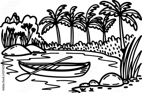 tropical river landscape with canoe in black and white drawing of palm trees and rocks