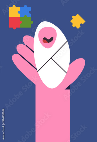 Autistic new born child therapy with psychologist. Flat vector illustration in cartoon style.