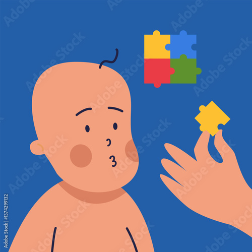 Autistic  cute Baby therapy with psychologist. Flat vector illustration in cartoon style.