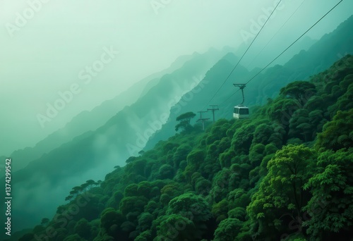  Victoria Peak Tram Emerald Gradient, Steel Cables, Misty Peaks. Evokes Serenity and Journey