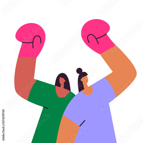 Boxing gloves on woman hands. Girls in sport. Flat vector illustration in cartoon style.