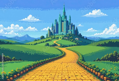  A Retro Gaming Aesthetic Applied to the Wizard of Oz, Featuring a Pixelated Emerald City and Road