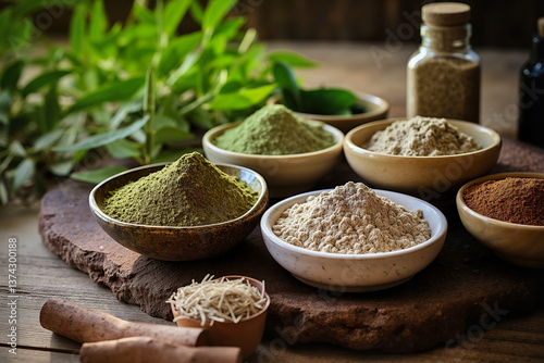Adaptogenic herbs, variety of herbal powders and roots in small bowls, rustic wooden table, soft natural lighting, top-down shot with clean background, natural wellness theme, variety of herbal powder