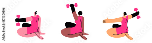 Disabled athletes set in gym workout. Flat vector illustration in cartoon style.