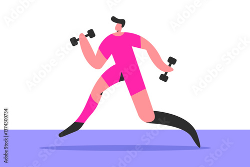 Disabled athletes man in gym workout. Flat vector illustration in cartoon style.