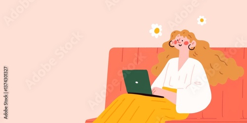 A woman works on laptop sit...