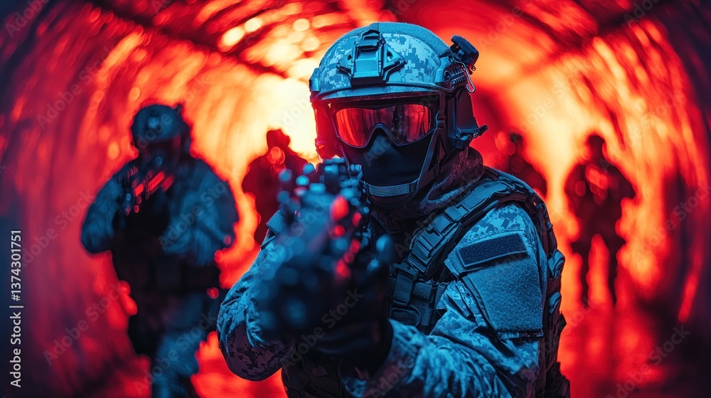 Fototapeta premium Military team in tunnel, tactical gear