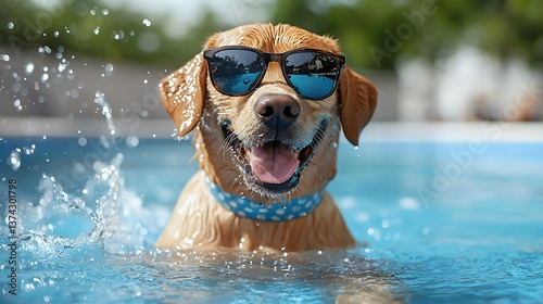 Happy dog in pool, summer fun, splashing water