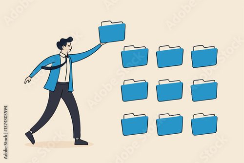 Organize files folder or archive document to be index, administration work, plan or file management, arrange online data or paperwork concept, businessman organize document file into archive folders.
