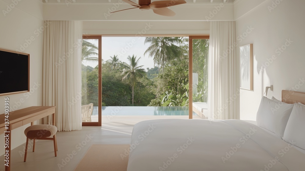 Fototapeta premium A bedroom with a large window overlooking a pool and a lush green forest. The room is decorated in a minimalist style with white walls and a wooden desk. The bed is neatly made with white sheets