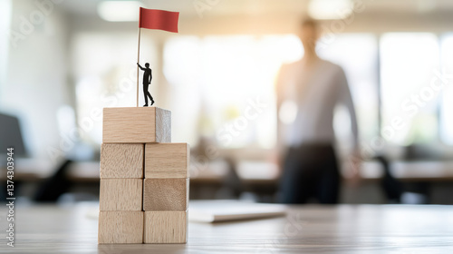 Achieving success with symbolic figure on wooden blocks holding flag