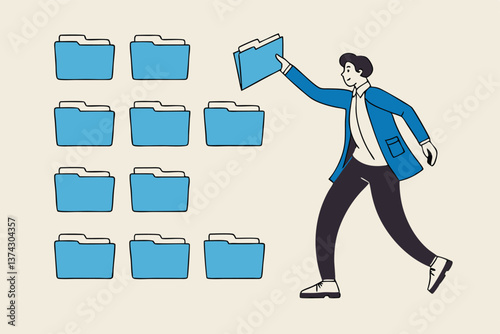 Organize files folder or archive document to be index, administration work, plan or file management, arrange online data or paperwork concept, businessman organize document file into archive folders.