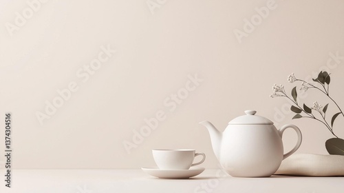 Wallpaper Mural White teapot and a cup and saucer on a plain white surface. the background is a light beige color and there is a small plant with white flowers on the right side of the image. Torontodigital.ca