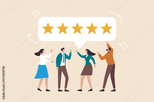 Customer loyalty, consumer satisfaction giving 5 stars rating feedback, best user experience or trust to use service again concept, various customer people giving 5 stars review for quality service.
