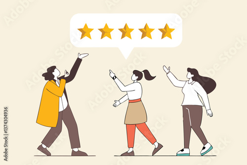 Customer loyalty, consumer satisfaction giving 5 stars rating feedback, best user experience or trust to use service again concept, various customer people giving 5 stars review for quality service.