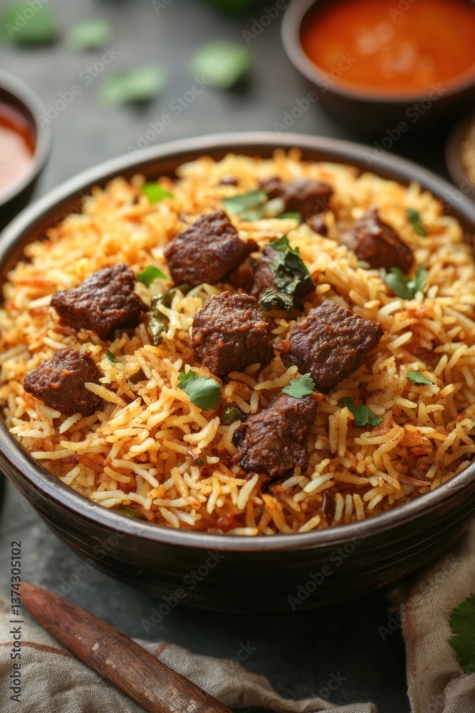 Delicious aromatic beef biryani in a rustic bowl a culinary masterpiece capturing the essence of indian cuisine with vibrant colors and inviting presentation
