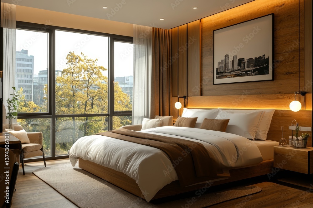 Fototapeta premium A luxurious bedroom with a large window overlooking a city skyline and autumn trees in daytime light