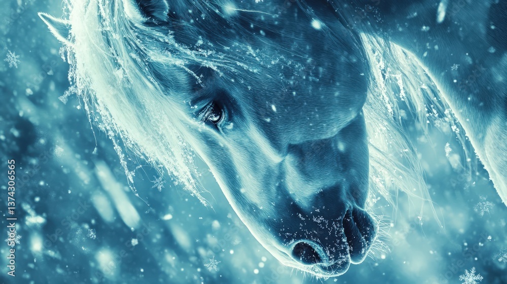 Fototapeta premium Majestic White Horse in a Winter Wonderland with Snowflakes Falling Gently, Capturing the Elegance and Grace of Nature's Beauty in a Frozen Landscape