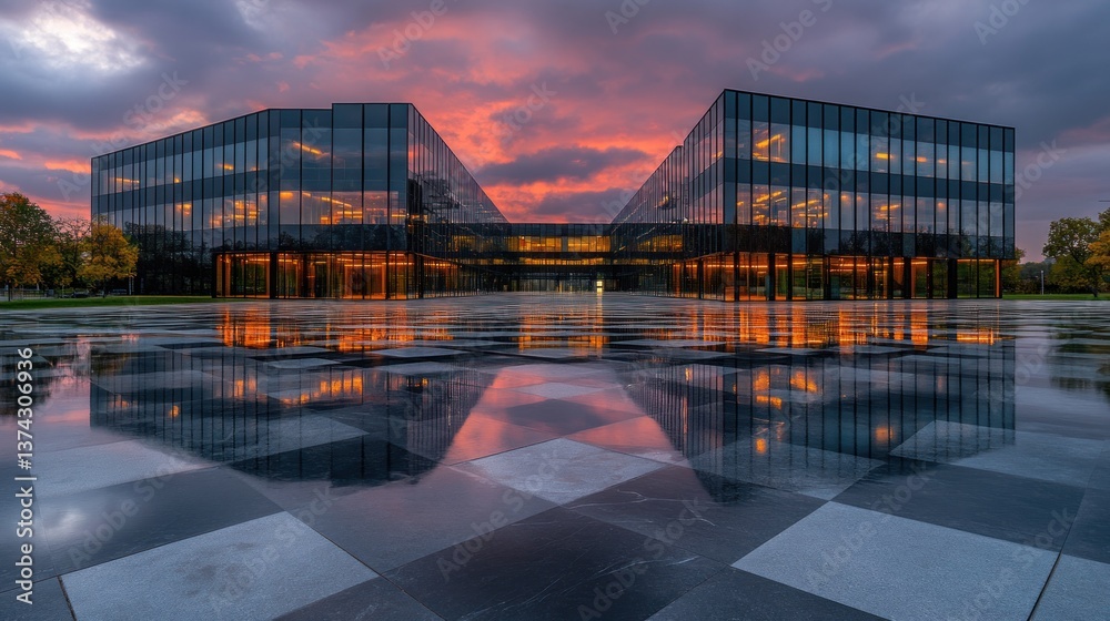 Fototapeta premium Reflective Modern Architecture at Sunset