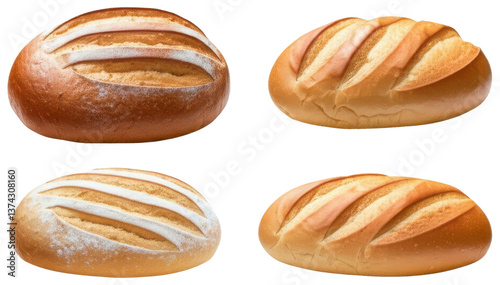 Four loaves of bread various shapes and textures, transparent background png