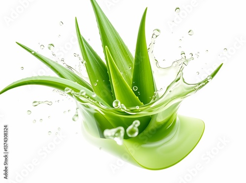 Splashing fresh aloe vera leaves in crystal clear aloe vera juice, isolated on a clean white background showcasing hydration and purity